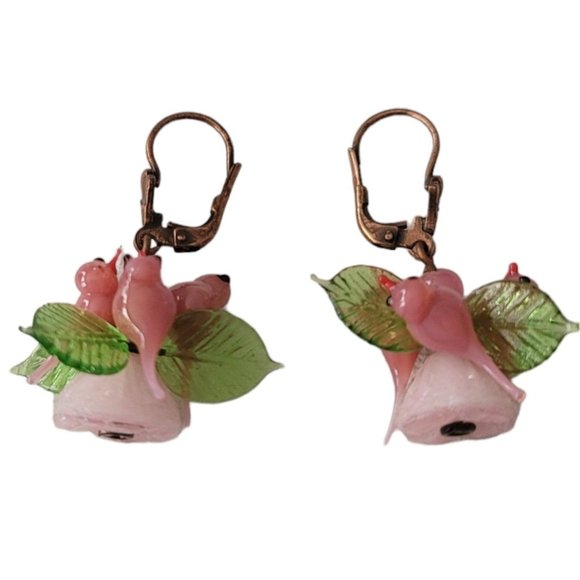 Czech Pink Glass Bird, Leaves Leverback Earrings E78 - Picture 5 of 7